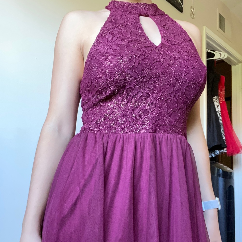 Purple and gold flowy homecoming dress